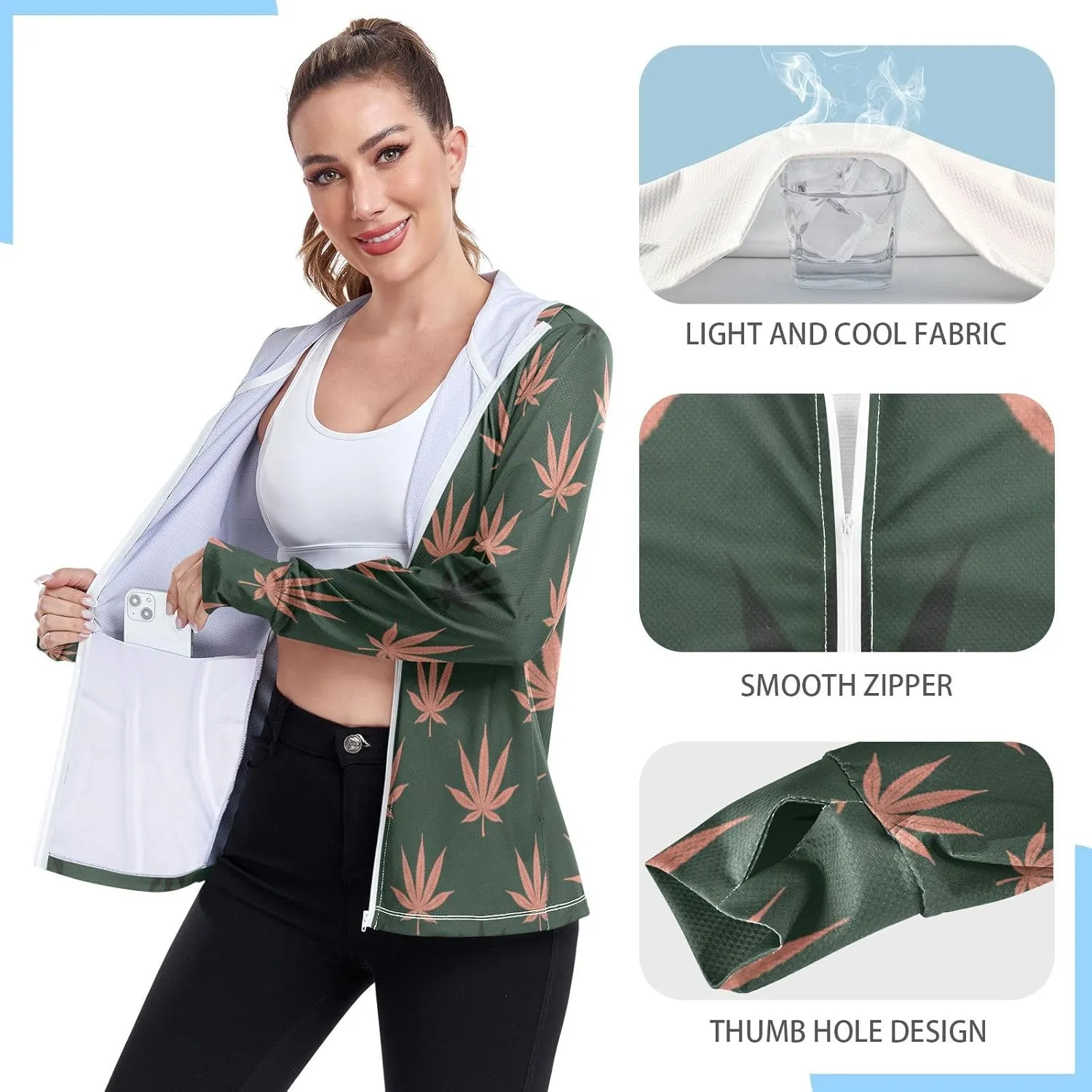 Marijuana Leaves Uv Protection Jacket Upf 50 , Long Sleeve Zip up Outdoor Jacket