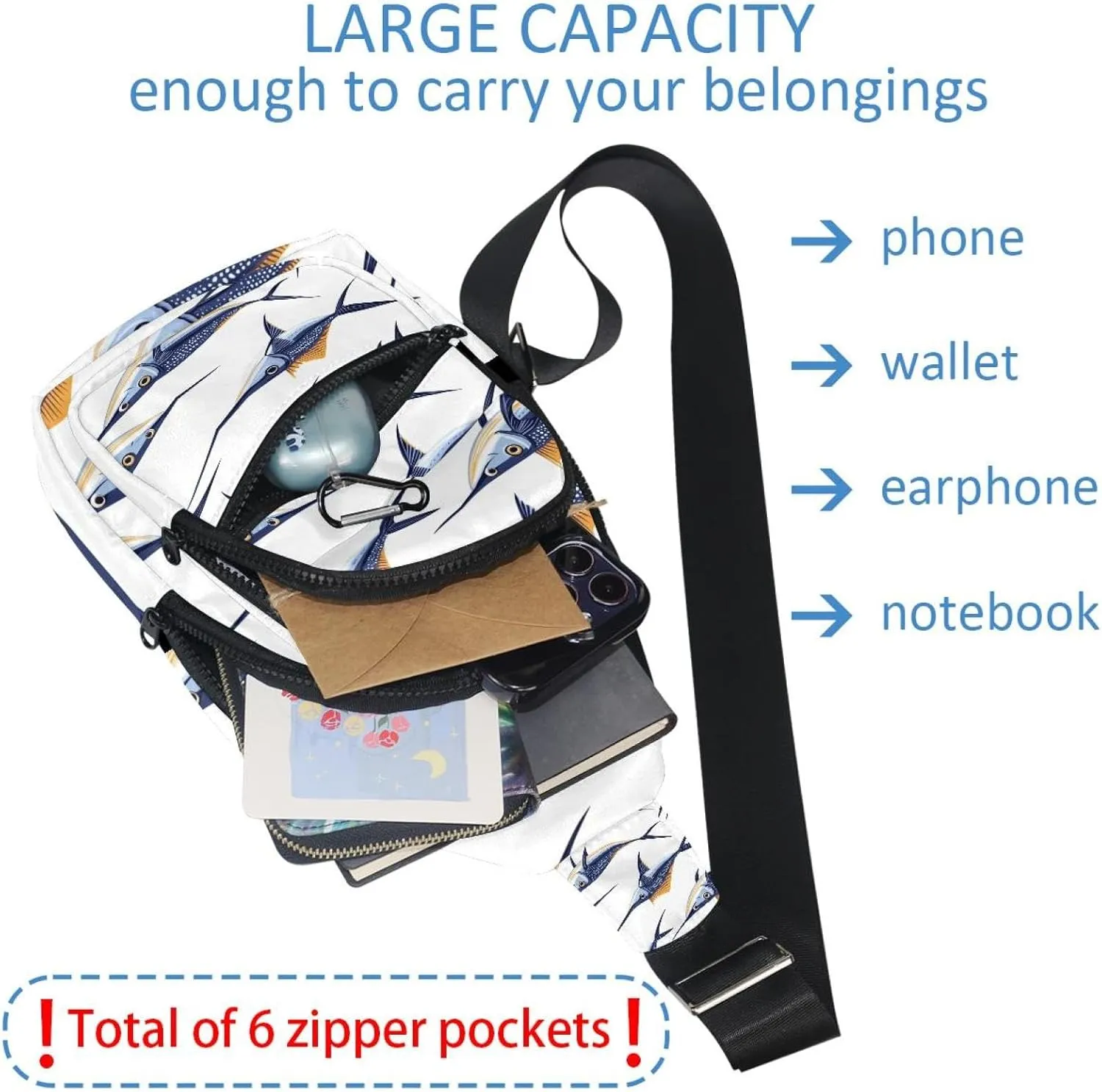 marine swordfish (1) Crossbody Sling Backpack Sling Bag Travel Hiking Chest Bag Daypack