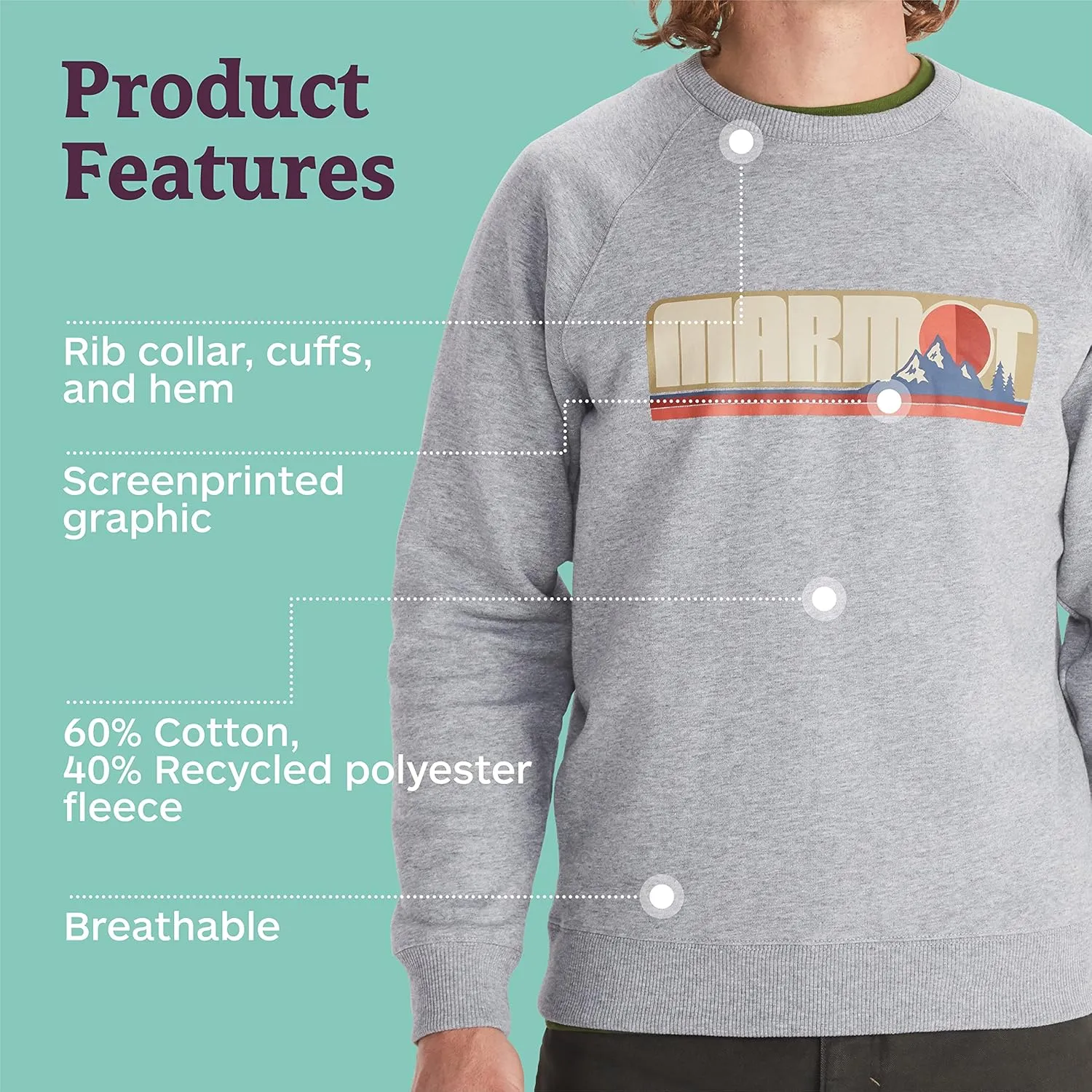 MARMOT Men's Montane Crew Sweatshirt - Screen Printed Graphic on Warm, Breathable, Eco-Friendly Cotton/Poly Blend
