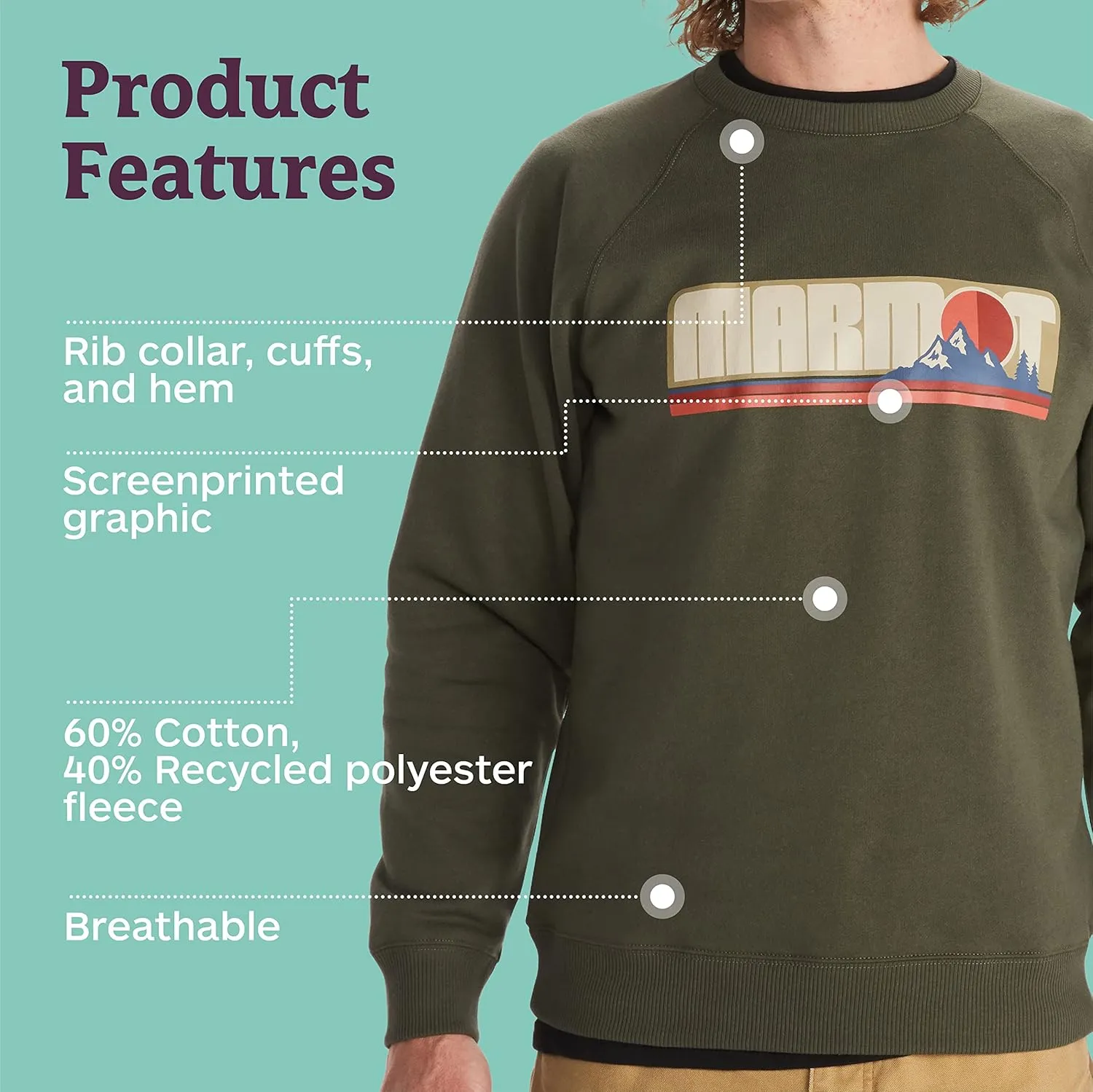 MARMOT Men's Montane Crew Sweatshirt - Screen Printed Graphic on Warm, Breathable, Eco-Friendly Cotton/Poly Blend
