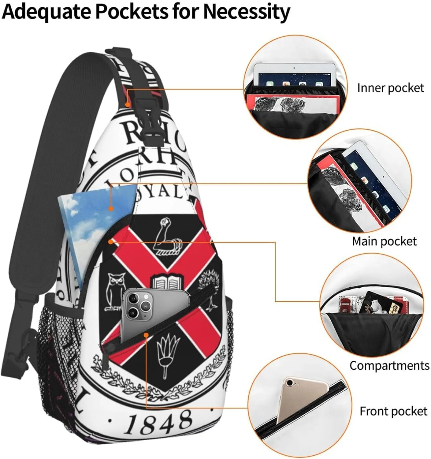 Marsheng Rhodes College Logo Crossbody Backpack Chest Shoulder Bag Lightweight One Strap Travel Hiking Daypack