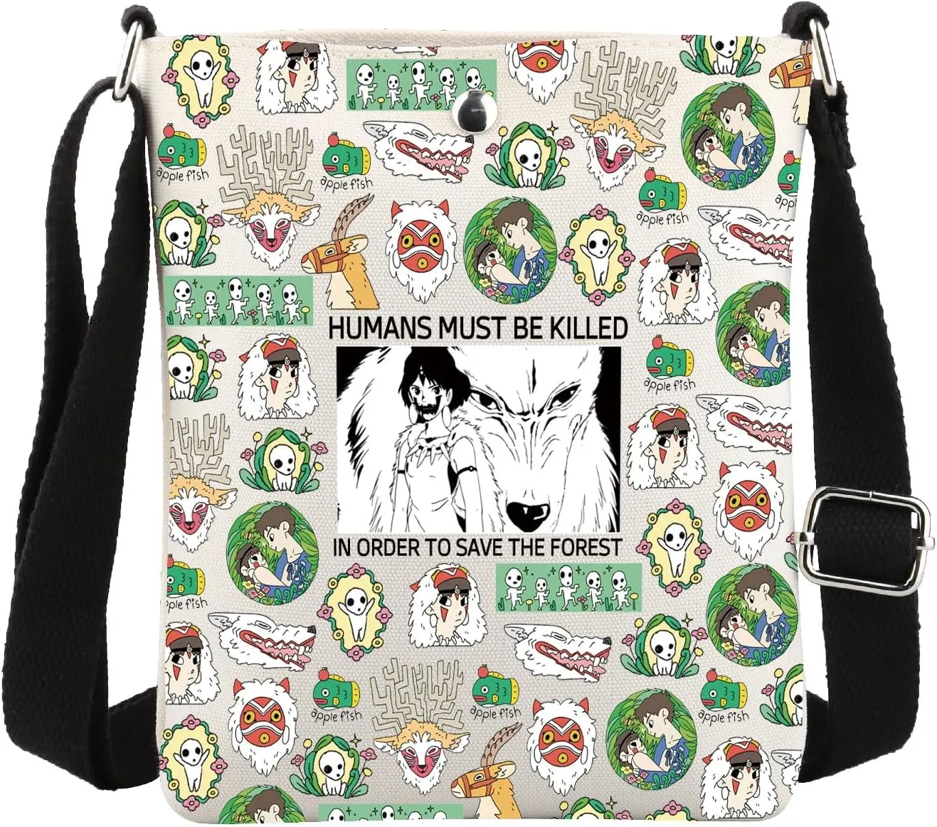 MBMSO Anime Lovers Crossbody Bag Wolf Princess San Gift for Anime Manga Fan Kodama Forest Spirit Gift Elves Mask Dagger Purse