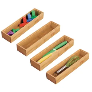 mDesign Bamboo Kitchen Cabinet Drawer Organizer Stackable Tray Bin - Eco-Friendly, Multipurpose - Use in Drawers, on Countertops, Shelves or in Pantry - 3" Wide, 4 Pack - Natural Wood Finish
