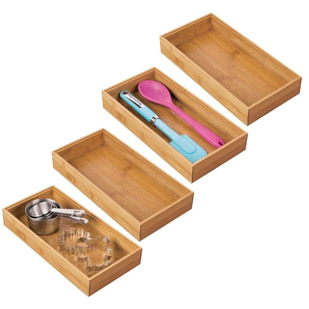 mDesign Bamboo Kitchen Cabinet Drawer Organizer Stackable Tray Bin - Eco-Friendly, Multipurpose - Use in Drawers, on Countertops, Shelves or in Pantry - 6" Wide, 4 Pack - Natural Wood Finish