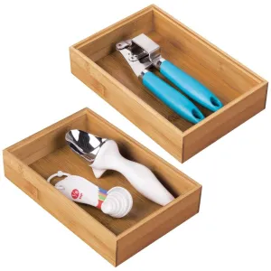 mDesign Bamboo Kitchen Cabinet Drawer Organizer Stackable Tray Bin - Eco-Friendly, Multipurpose - Use in Drawers, on Countertops, Shelves or in Pantry - 9" Long, 2 Pack - Natural Wood Finish