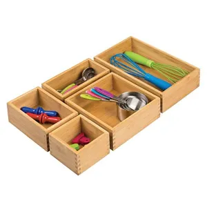 mDesign Bamboo Kitchen Cabinet Drawer Organizer Stackable Tray Bin - Eco-Friendly, Multipurpose - Use in Drawers, on Countertops, Shelves or in Pantry - Varied Sizes, Set of 5- Natural Wood Finish