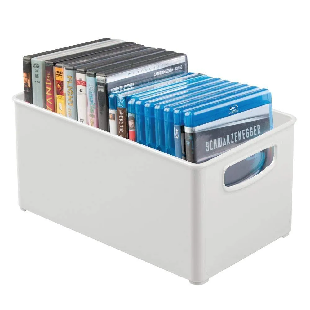 mDesign Plastic Stackable Home Storage Organizer Container Bin Box with Handles - for Media Consoles, Closets, Cabinets - Holds DVD's, Blu Ray, Video Games, Gaming Accessories - 4 Pack - Light Gray