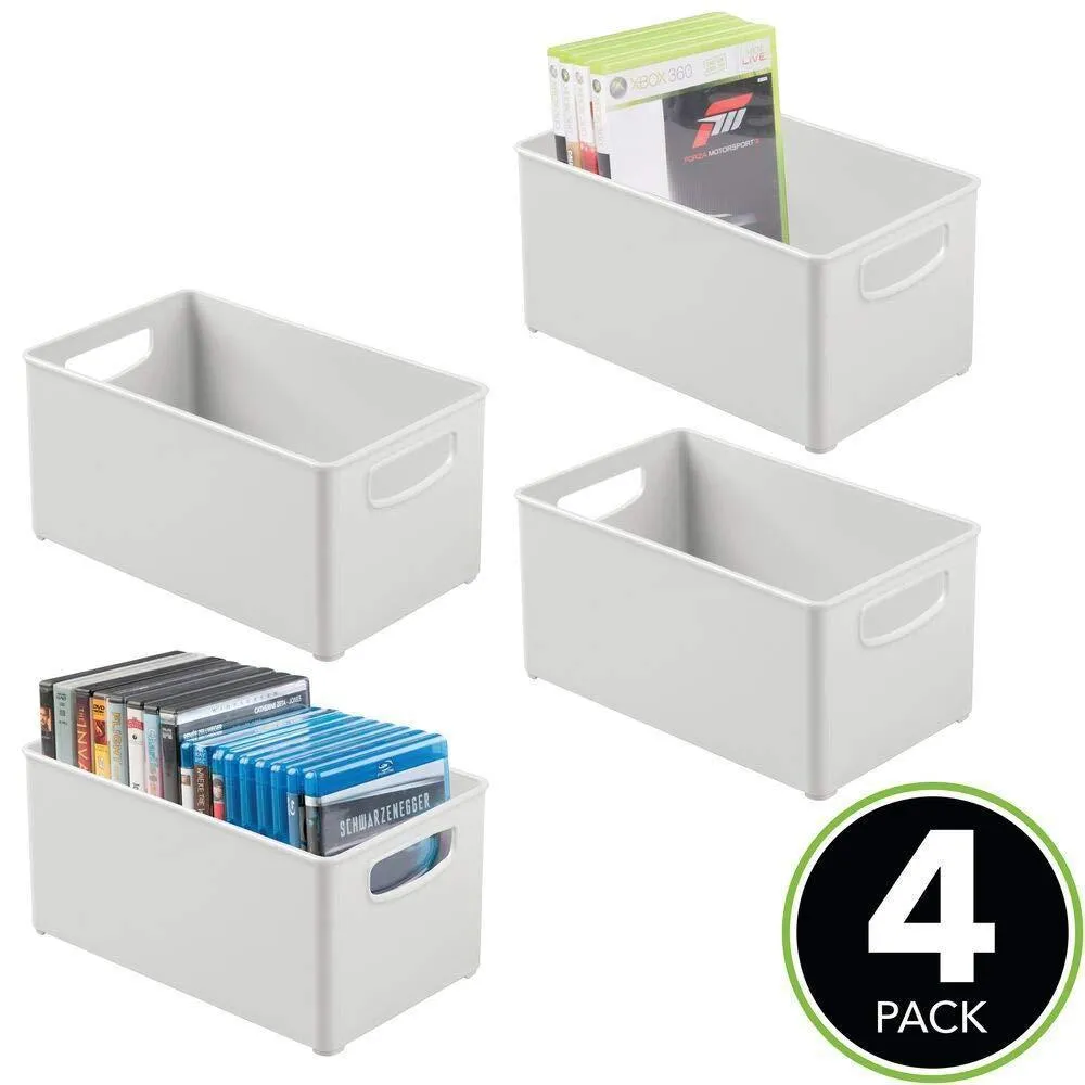 mDesign Plastic Stackable Home Storage Organizer Container Bin Box with Handles - for Media Consoles, Closets, Cabinets - Holds DVD's, Blu Ray, Video Games, Gaming Accessories - 4 Pack - Light Gray