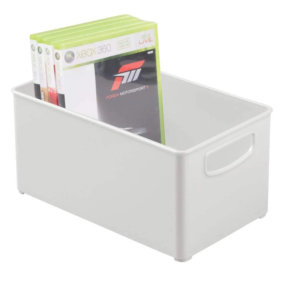 mDesign Plastic Stackable Home Storage Organizer Container Bin Box with Handles - for Media Consoles, Closets, Cabinets - Holds DVD's, Blu Ray, Video Games, Gaming Accessories - 4 Pack - Light Gray