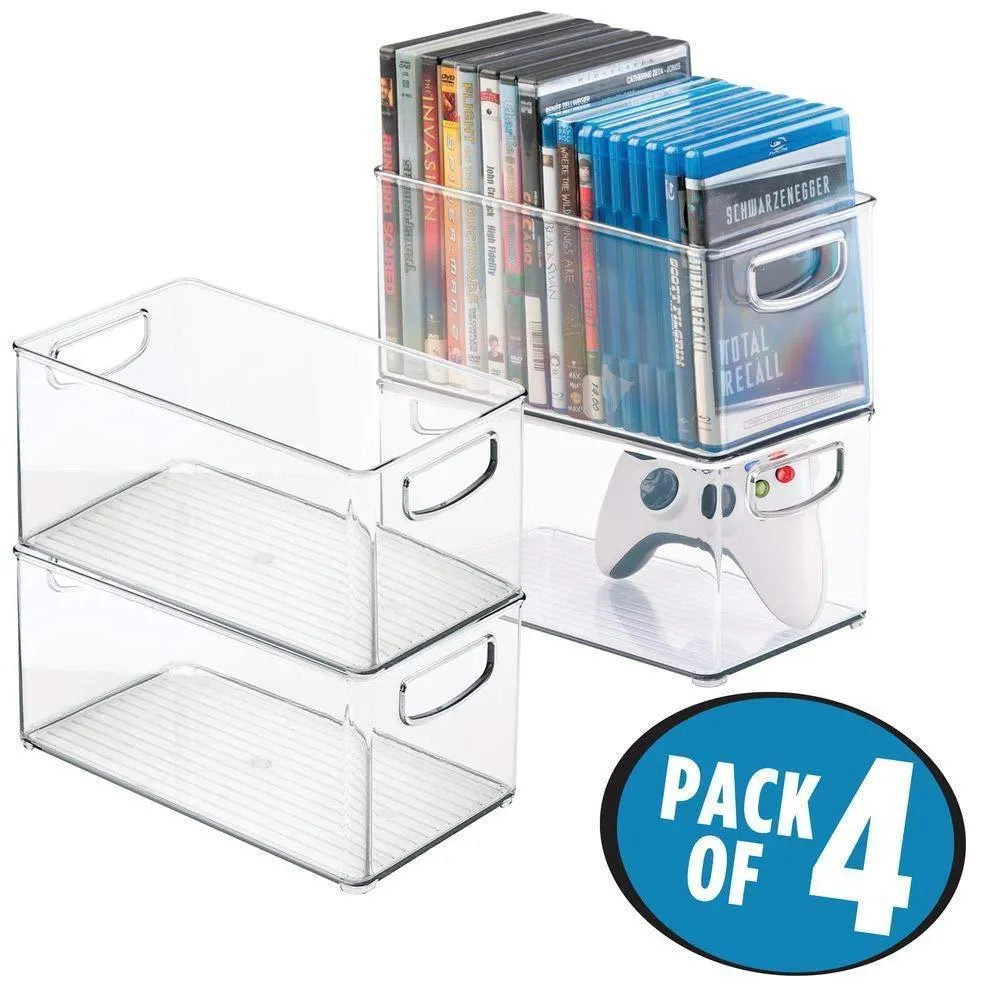 mDesign Plastic Stackable Household Storage Organizer Container Bin Box with Handles - for Media Consoles, Closets, Cabinets - Holds DVD's, Video Games, Gaming Accessories, Head Sets - 4 Pack - Clear
