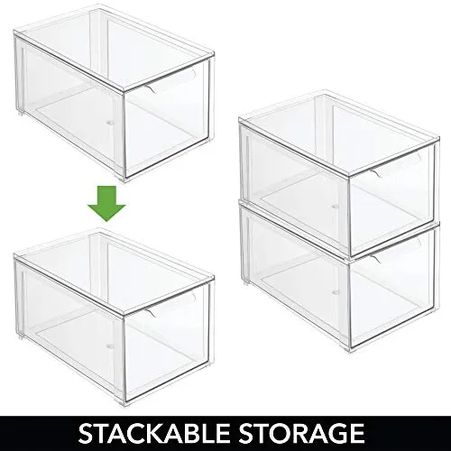 mDesign Plastic Stackable Kitchen Storage Box with Pull-Out Drawer - Container for Kitchen, Pantry, Cabinet, Fridge/Freezer - Organizing Snacks, Produce, Vegetables, Pasta Food - 2 Pack - Clear
