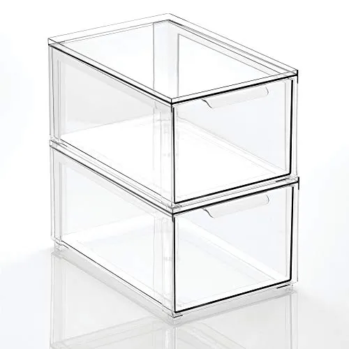 mDesign Plastic Stackable Kitchen Storage Box with Pull-Out Drawer - Container for Kitchen, Pantry, Cabinet, Fridge/Freezer - Organizing Snacks, Produce, Vegetables, Pasta Food - 2 Pack - Clear