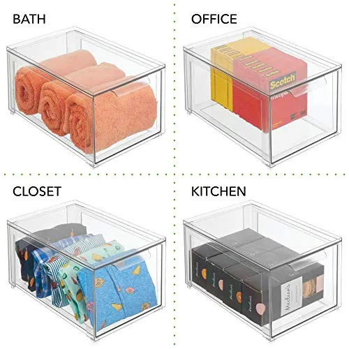mDesign Plastic Stackable Kitchen Storage Box with Pull-Out Drawer - Container for Kitchen, Pantry, Cabinet, Fridge/Freezer - Organizing Snacks, Produce, Vegetables, Pasta Food - 2 Pack - Clear