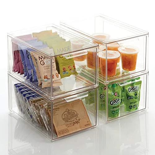 mDesign Plastic Stackable Kitchen Storage Box with Pull-Out Drawer - Container for Kitchen, Pantry, Cabinet, Fridge/Freezer - Organizing Snacks, Produce, Vegetables, Pasta Food - 2 Pack - Clear