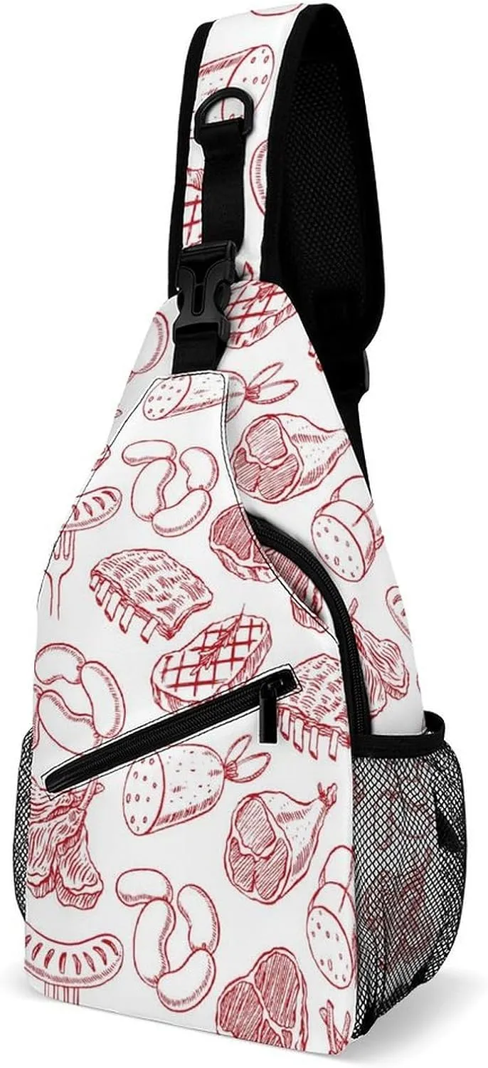 Meat-hand-drawn-print Crossbody Sling Backpack, Shoulder Bag Chest Bag for Travel Sport Running