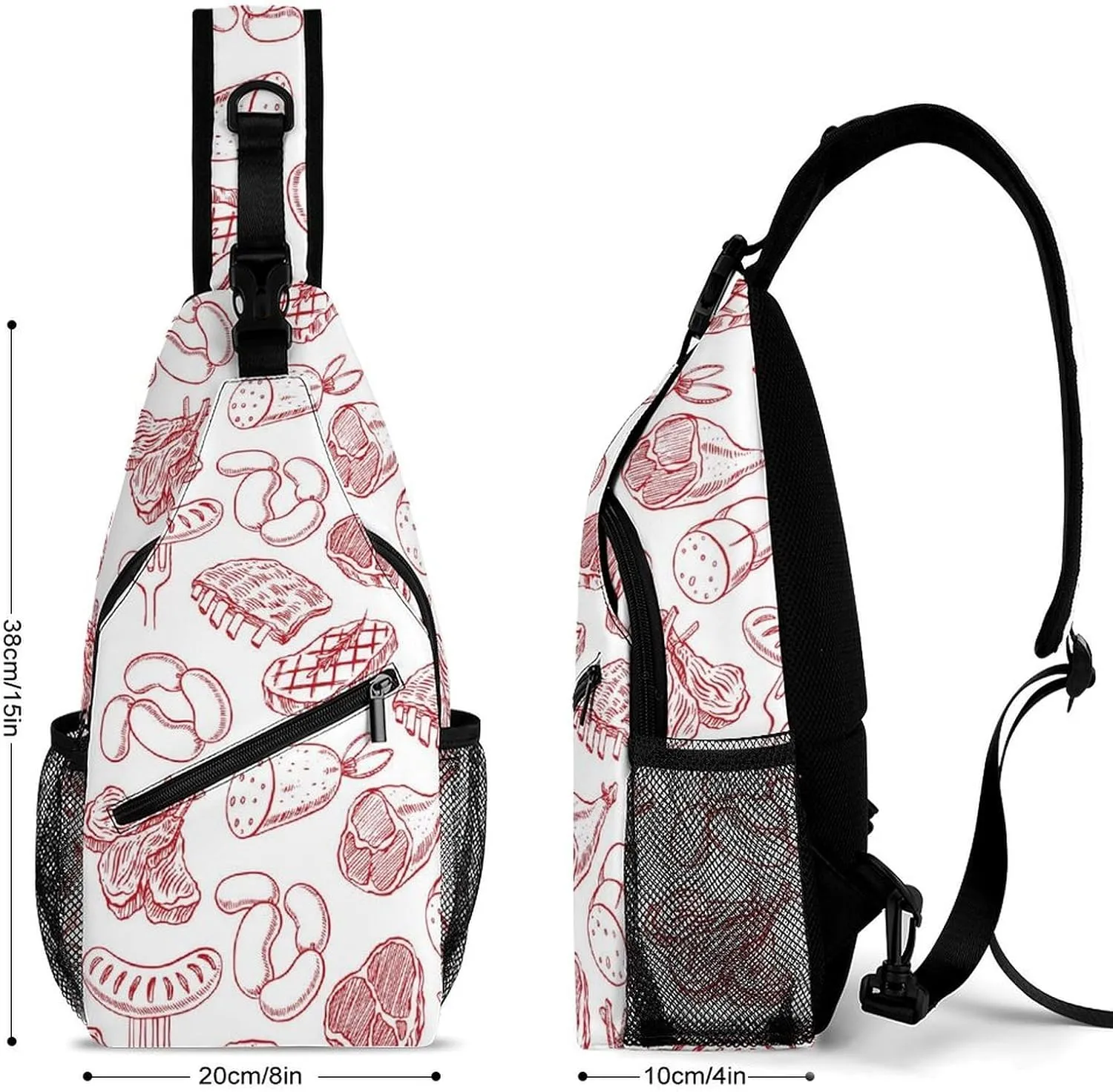 Meat-hand-drawn-print Crossbody Sling Backpack, Shoulder Bag Chest Bag for Travel Sport Running
