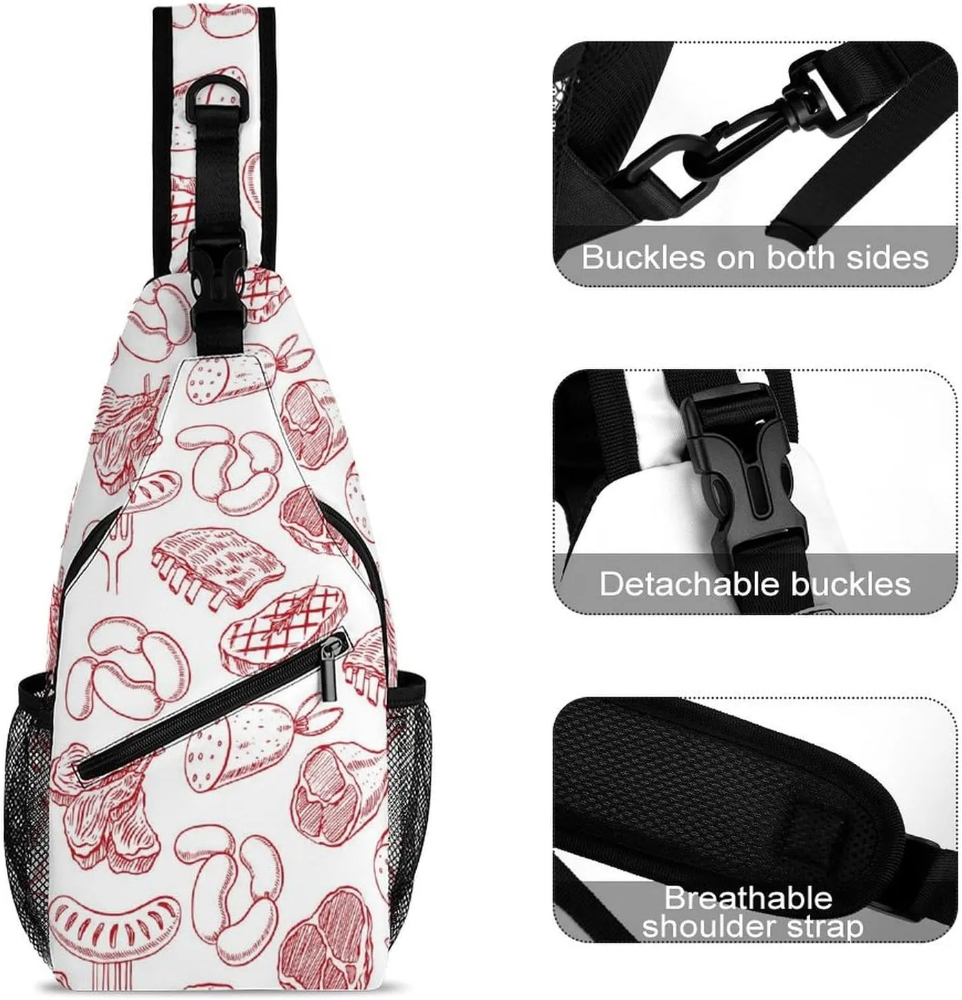 Meat-hand-drawn-print Crossbody Sling Backpack, Shoulder Bag Chest Bag for Travel Sport Running
