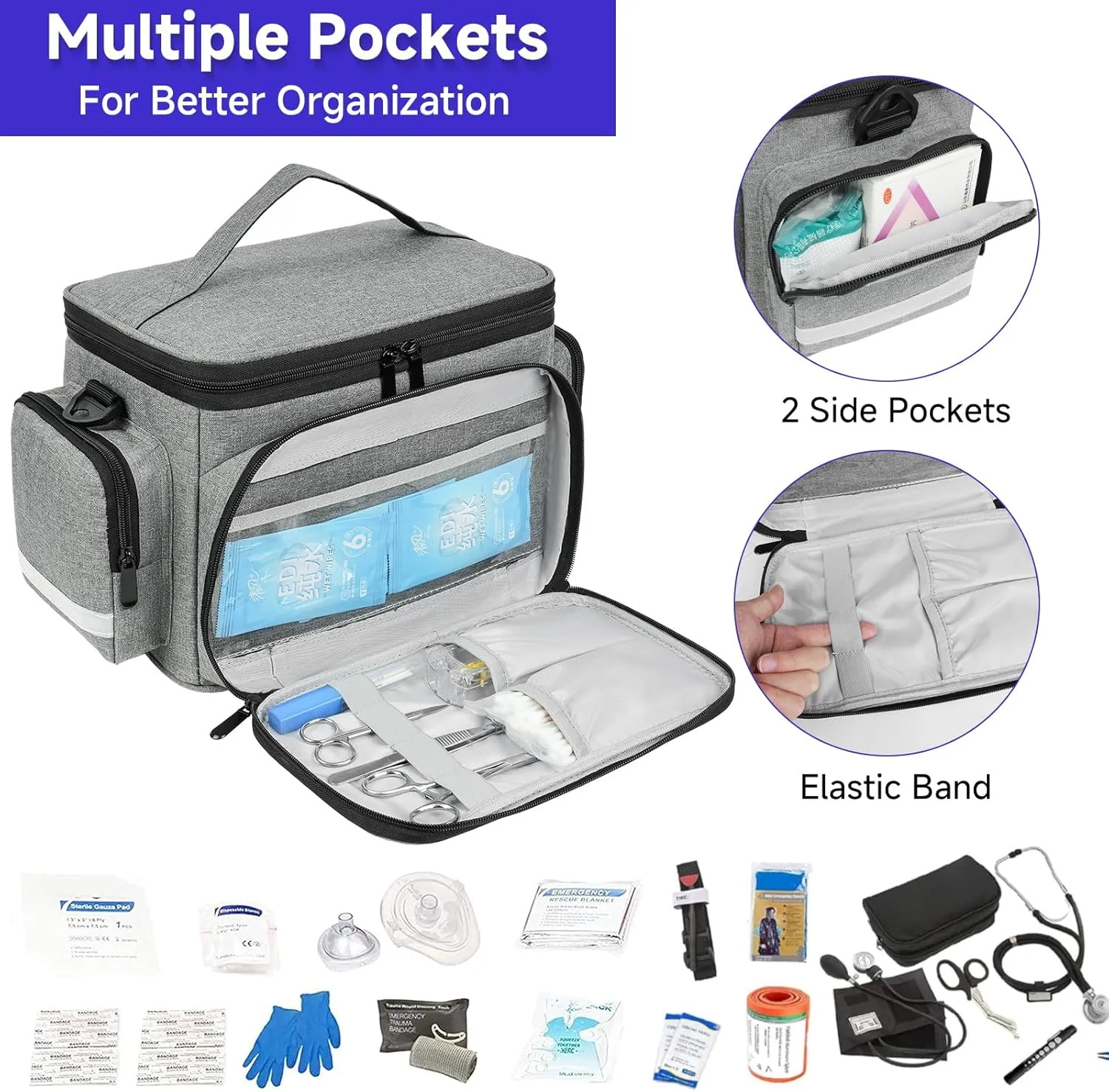 Medical Bag,First Aid Bag Empty,Home Health Nurse Bag with Detachable Divider,Medical Supplies Storage Tote for Nursing Student,Therapist,Doctors,Grey