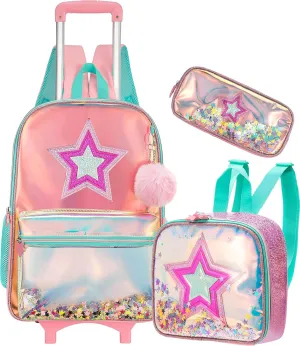 Meetbelify Girls Rolling Backpack Sequin Rolling Backpacks with Wheels for Girls for Elementary School Bag