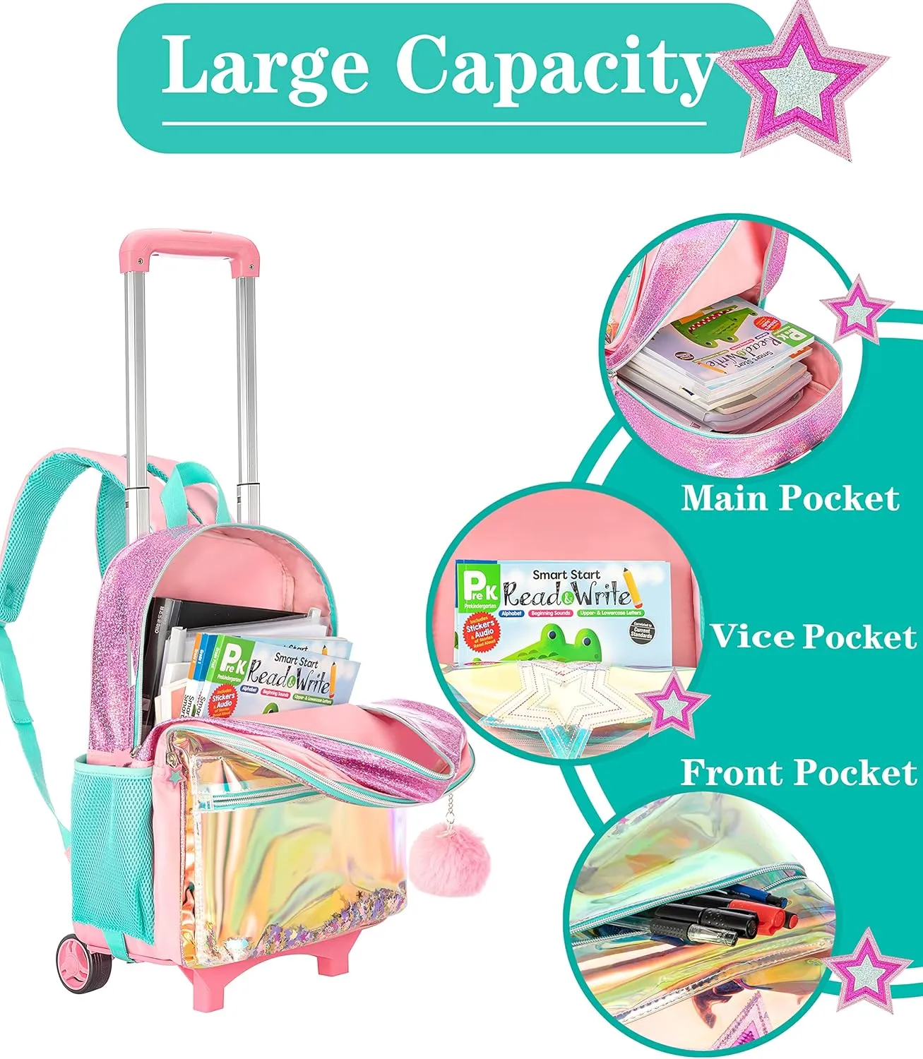 Meetbelify Girls Rolling Backpack Sequin Rolling Backpacks with Wheels for Girls for Elementary School Bag