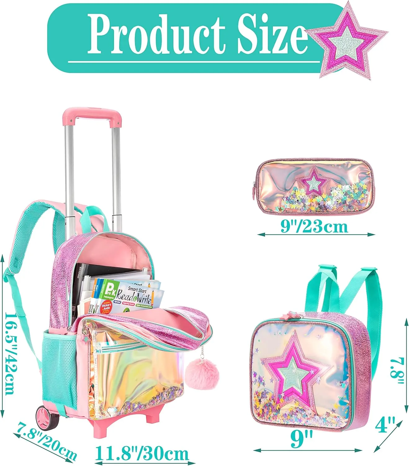 Meetbelify Girls Rolling Backpack Sequin Rolling Backpacks with Wheels for Girls for Elementary School Bag