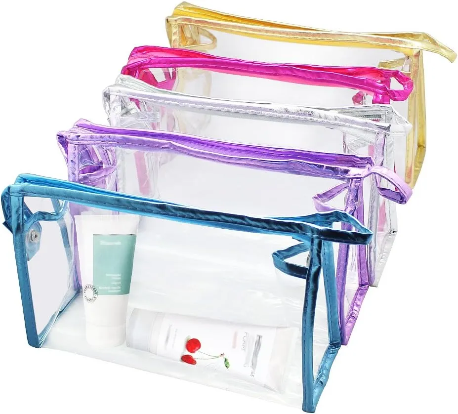 Meetory 10 Pcs Clear Waterproof Cosmetic Bag with Zipper, PVC Transparent Plastic Makeup Organizing Bags Travel Toiletry Pouch for Bathroom, Vacation and Organizing