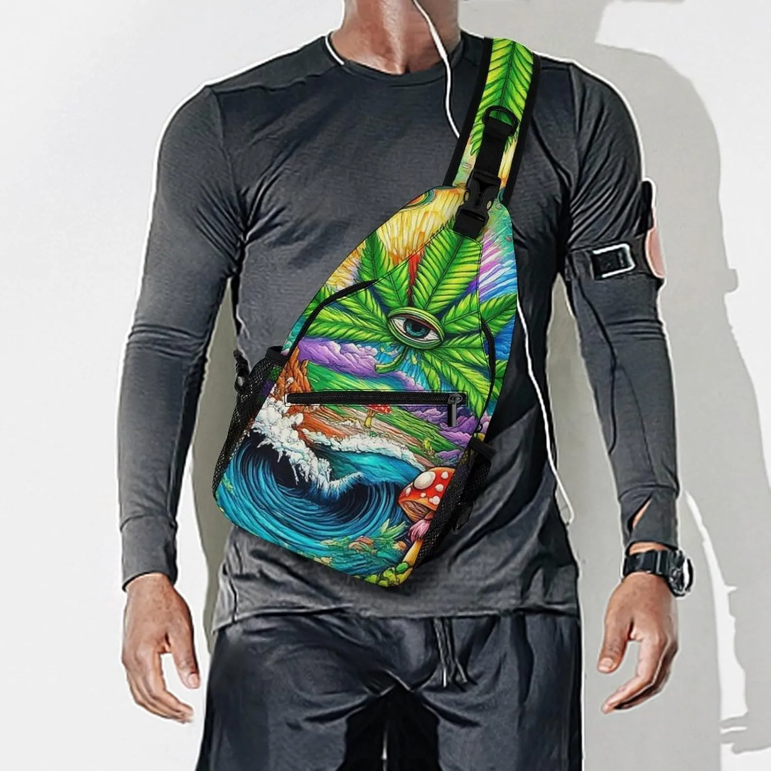 Men & Women Sling Backpack Casual Carrying Tote Case Crossbody Travel Bag - Multipurpose Anti-Theft Bookbag, Trippy Mushroom Marijuanaweed Eye Ocean World Art Breathable Crossbody Shoulder Bag