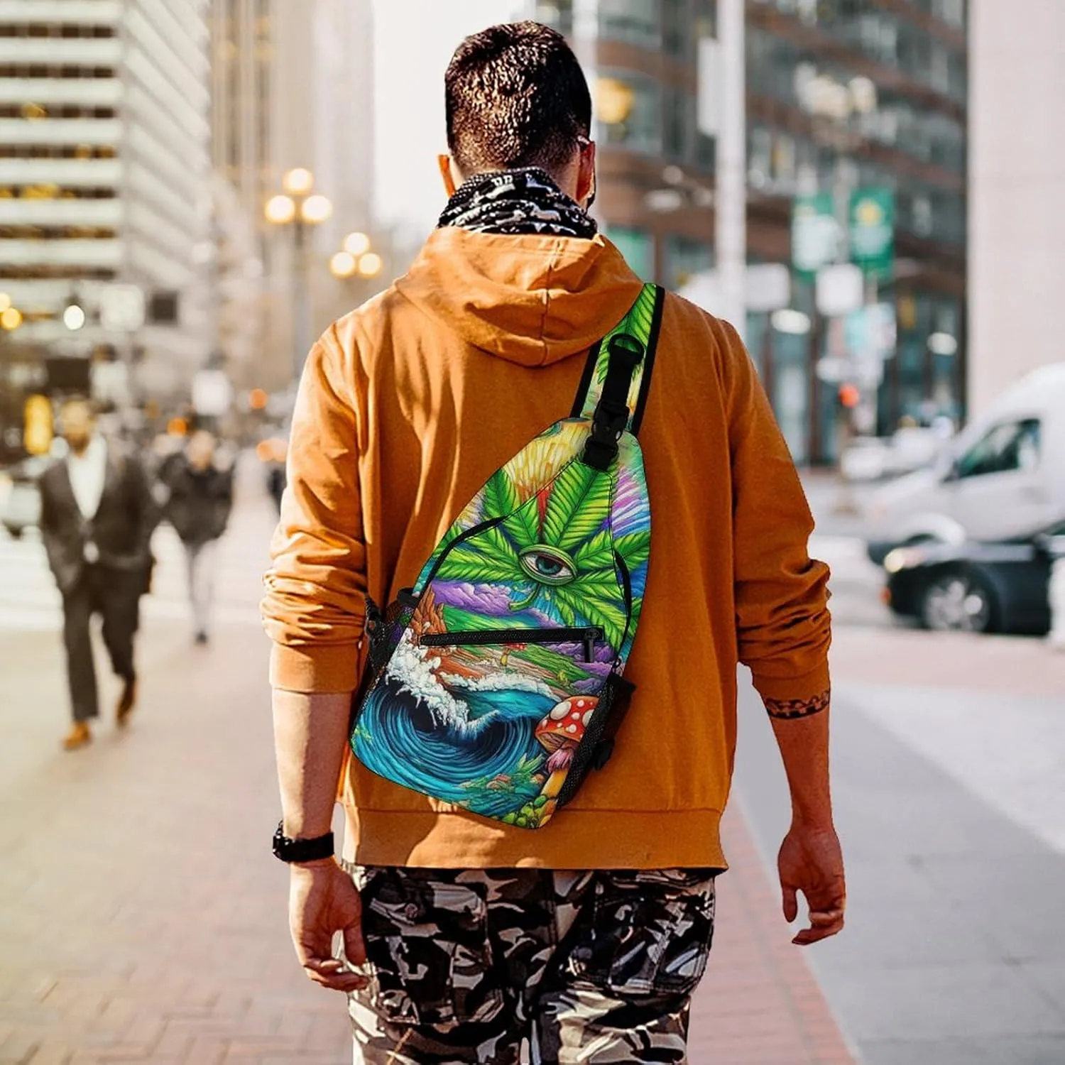 Men & Women Sling Backpack Casual Carrying Tote Case Crossbody Travel Bag - Multipurpose Anti-Theft Bookbag, Trippy Mushroom Marijuanaweed Eye Ocean World Art Breathable Crossbody Shoulder Bag