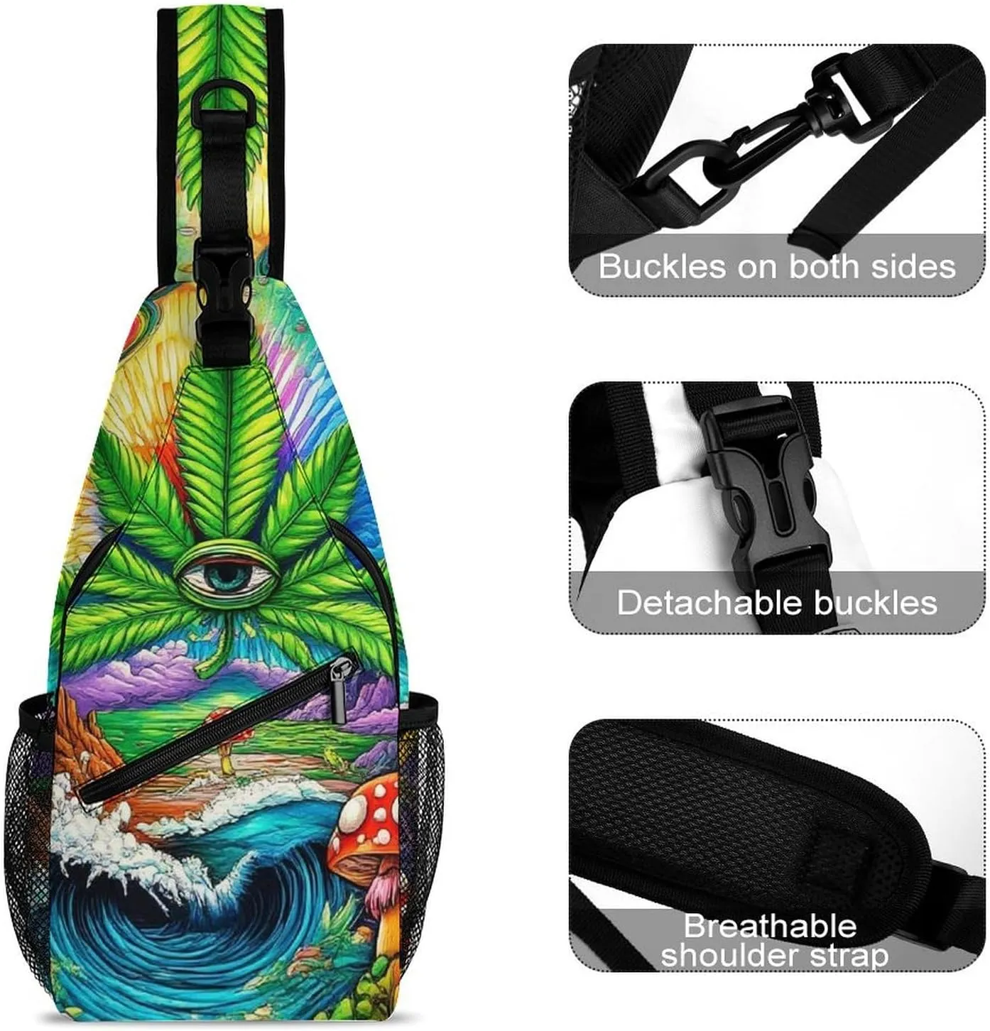 Men & Women Sling Backpack Casual Carrying Tote Case Crossbody Travel Bag - Multipurpose Anti-Theft Bookbag, Trippy Mushroom Marijuanaweed Eye Ocean World Art Breathable Crossbody Shoulder Bag