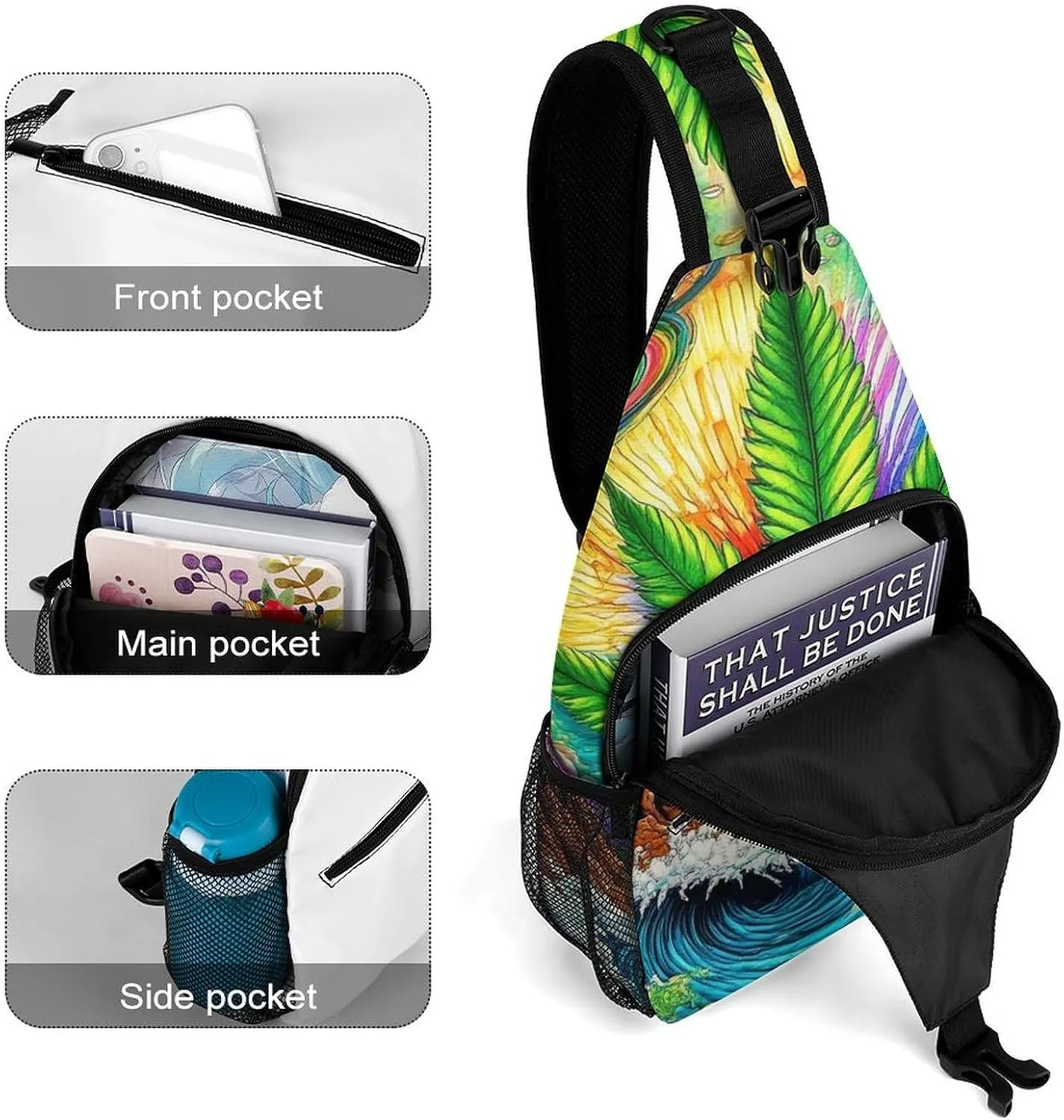 Men & Women Sling Backpack Casual Carrying Tote Case Crossbody Travel Bag - Multipurpose Anti-Theft Bookbag, Trippy Mushroom Marijuanaweed Eye Ocean World Art Breathable Crossbody Shoulder Bag