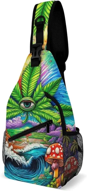 Men & Women Sling Backpack Casual Carrying Tote Case Crossbody Travel Bag - Multipurpose Anti-Theft Bookbag, Trippy Mushroom Marijuanaweed Eye Ocean World Art Breathable Crossbody Shoulder Bag