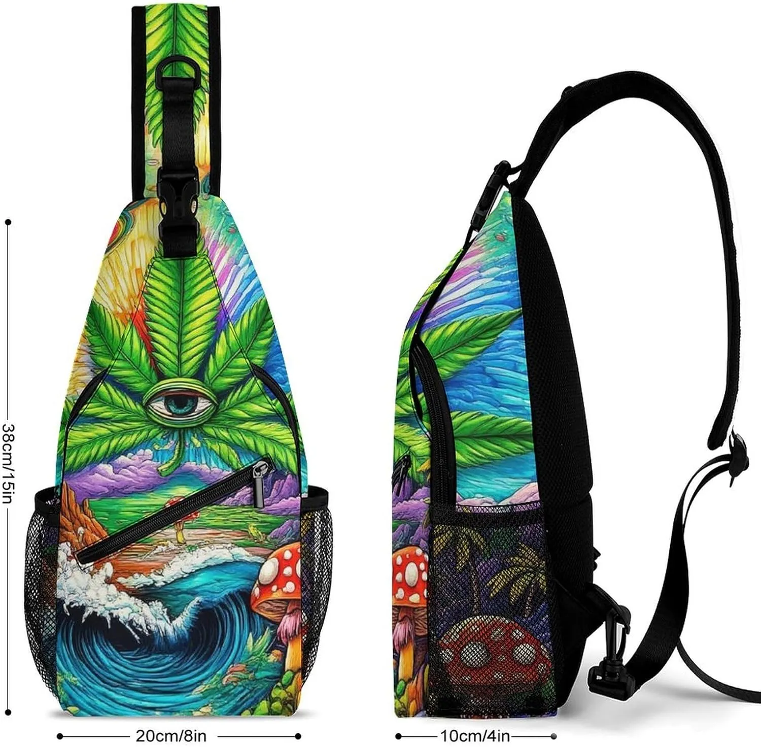 Men & Women Sling Backpack Casual Carrying Tote Case Crossbody Travel Bag - Multipurpose Anti-Theft Bookbag, Trippy Mushroom Marijuanaweed Eye Ocean World Art Breathable Crossbody Shoulder Bag