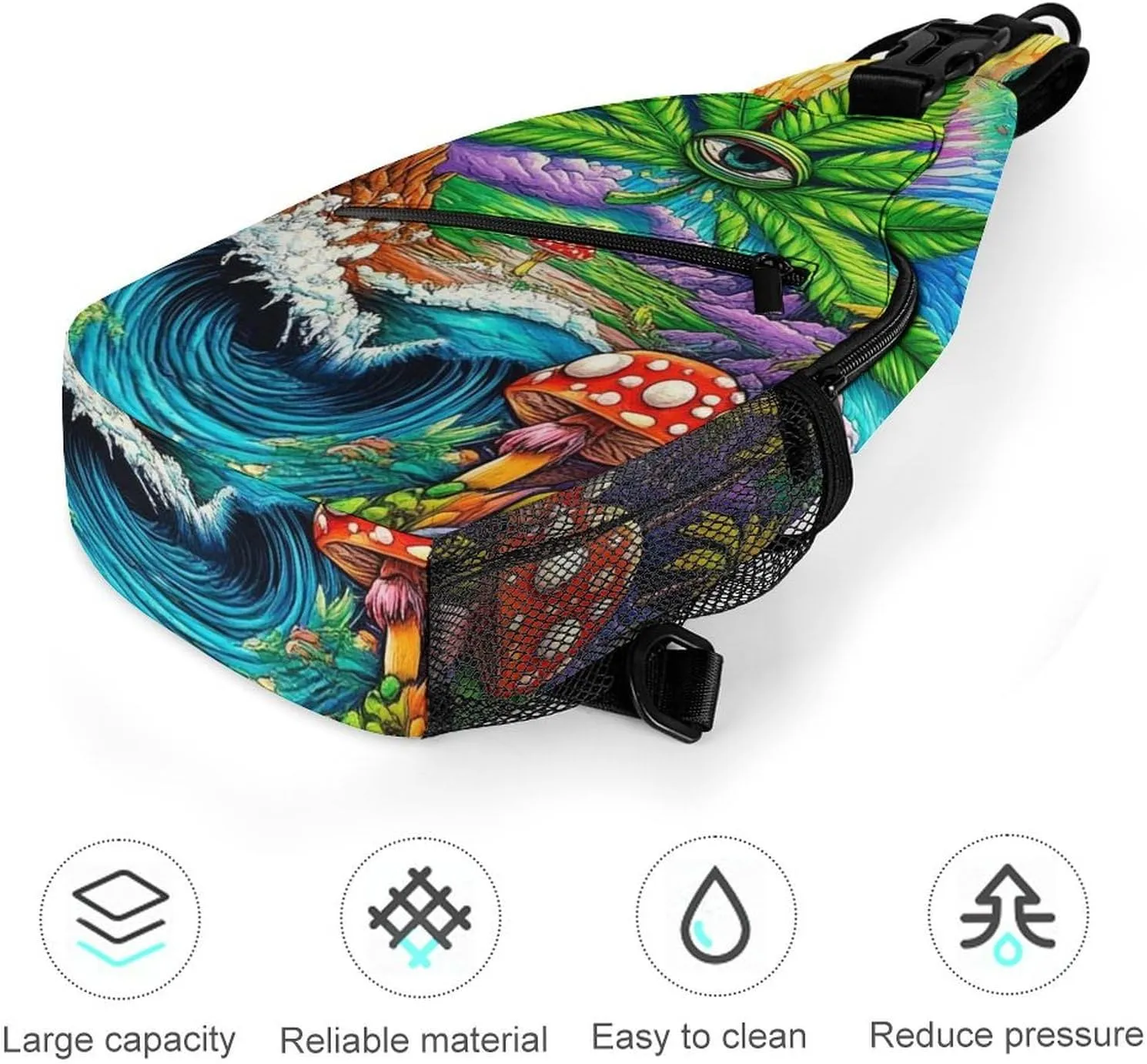 Men & Women Sling Backpack Casual Carrying Tote Case Crossbody Travel Bag - Multipurpose Anti-Theft Bookbag, Trippy Mushroom Marijuanaweed Eye Ocean World Art Breathable Crossbody Shoulder Bag