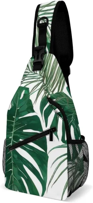 Men Sling Backpack Packable Breathable Shoulder Chest Crossbody Bag - Green Leaf Tropical Palm Tree Leaves Art Anti-Theft Multipurpose Rucksack Tote Bags With Adjustable Shoulder Strap