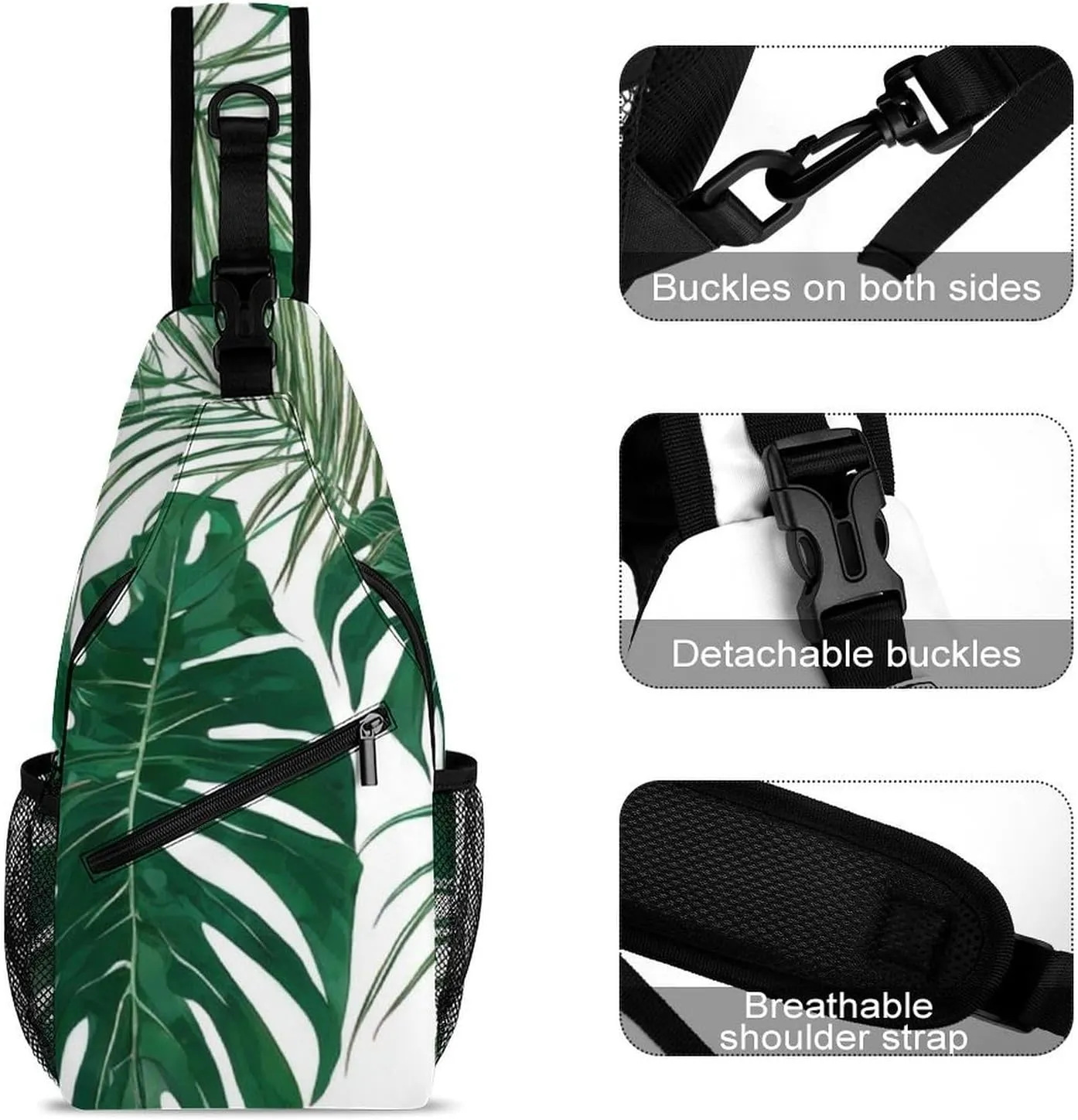 Men Sling Backpack Packable Breathable Shoulder Chest Crossbody Bag - Green Leaf Tropical Palm Tree Leaves Art Anti-Theft Multipurpose Rucksack Tote Bags With Adjustable Shoulder Strap