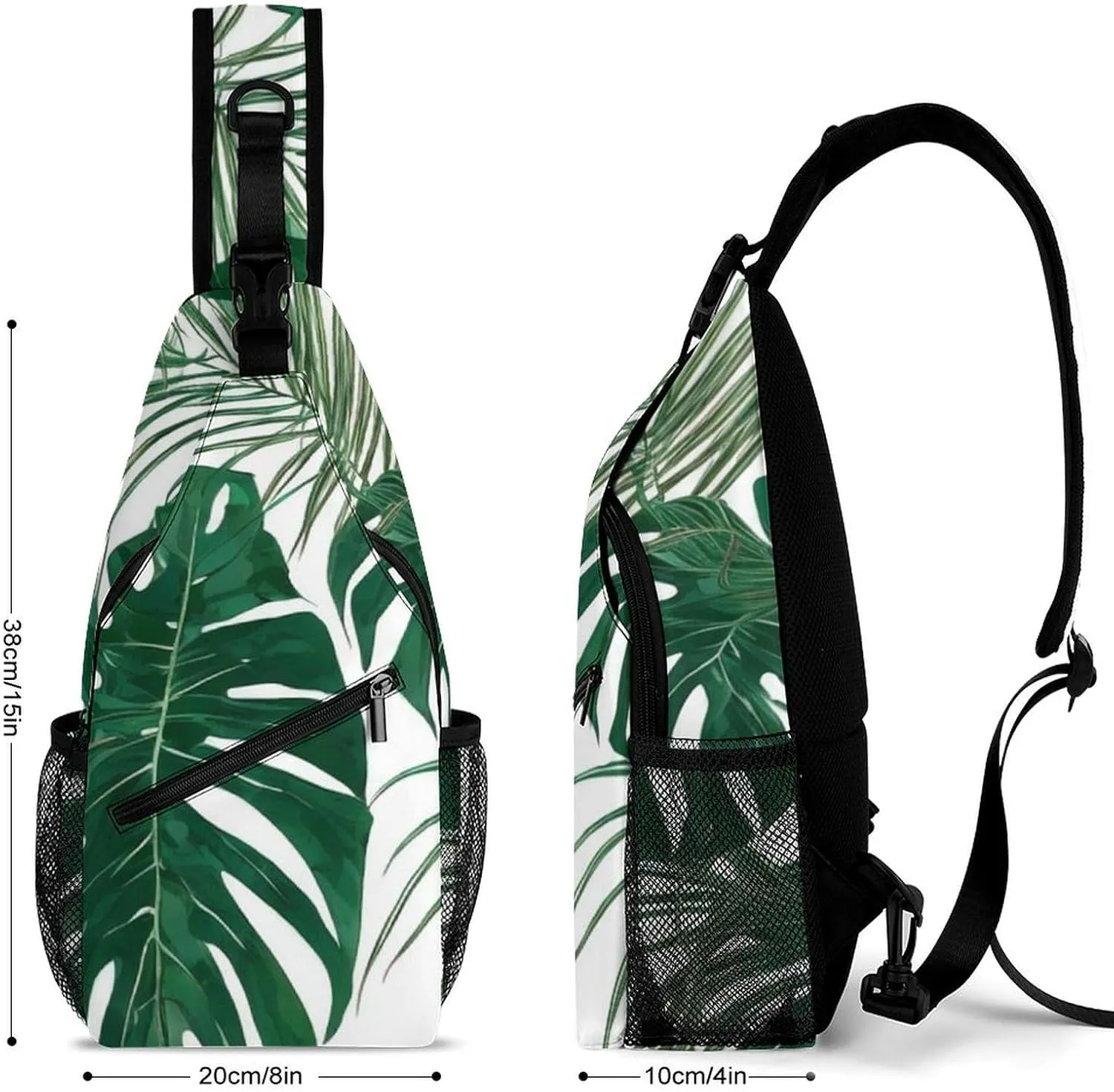 Men Sling Backpack Packable Breathable Shoulder Chest Crossbody Bag - Green Leaf Tropical Palm Tree Leaves Art Anti-Theft Multipurpose Rucksack Tote Bags With Adjustable Shoulder Strap