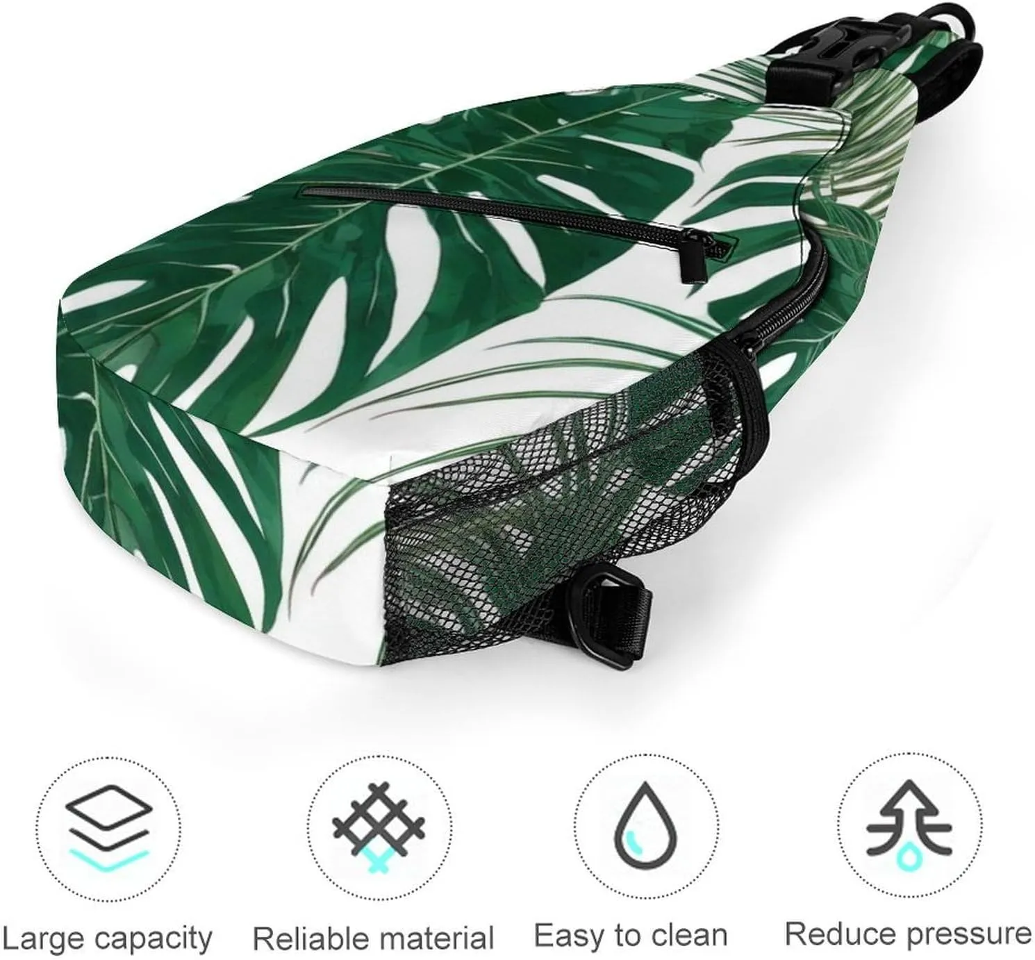 Men Sling Backpack Packable Breathable Shoulder Chest Crossbody Bag - Green Leaf Tropical Palm Tree Leaves Art Anti-Theft Multipurpose Rucksack Tote Bags With Adjustable Shoulder Strap