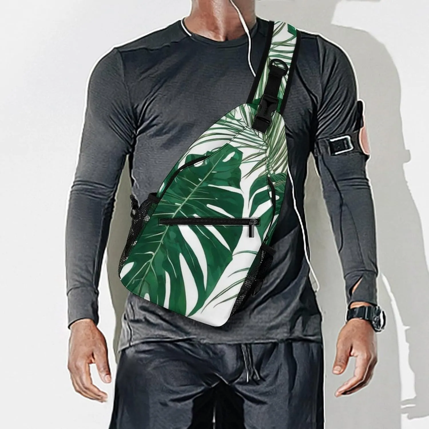 Men Sling Backpack Packable Breathable Shoulder Chest Crossbody Bag - Green Leaf Tropical Palm Tree Leaves Art Anti-Theft Multipurpose Rucksack Tote Bags With Adjustable Shoulder Strap