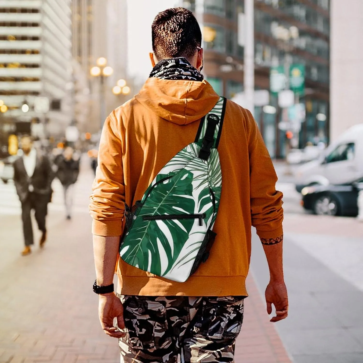 Men Sling Backpack Packable Breathable Shoulder Chest Crossbody Bag - Green Leaf Tropical Palm Tree Leaves Art Anti-Theft Multipurpose Rucksack Tote Bags With Adjustable Shoulder Strap