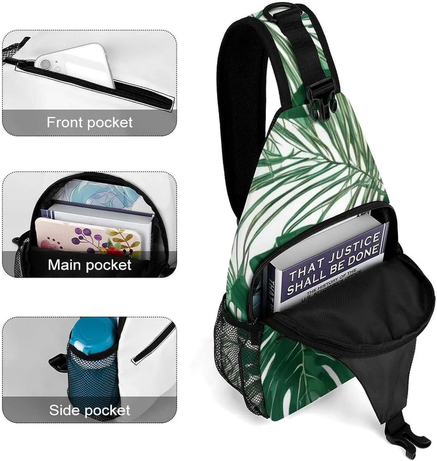 Men Sling Backpack Packable Breathable Shoulder Chest Crossbody Bag - Green Leaf Tropical Palm Tree Leaves Art Anti-Theft Multipurpose Rucksack Tote Bags With Adjustable Shoulder Strap