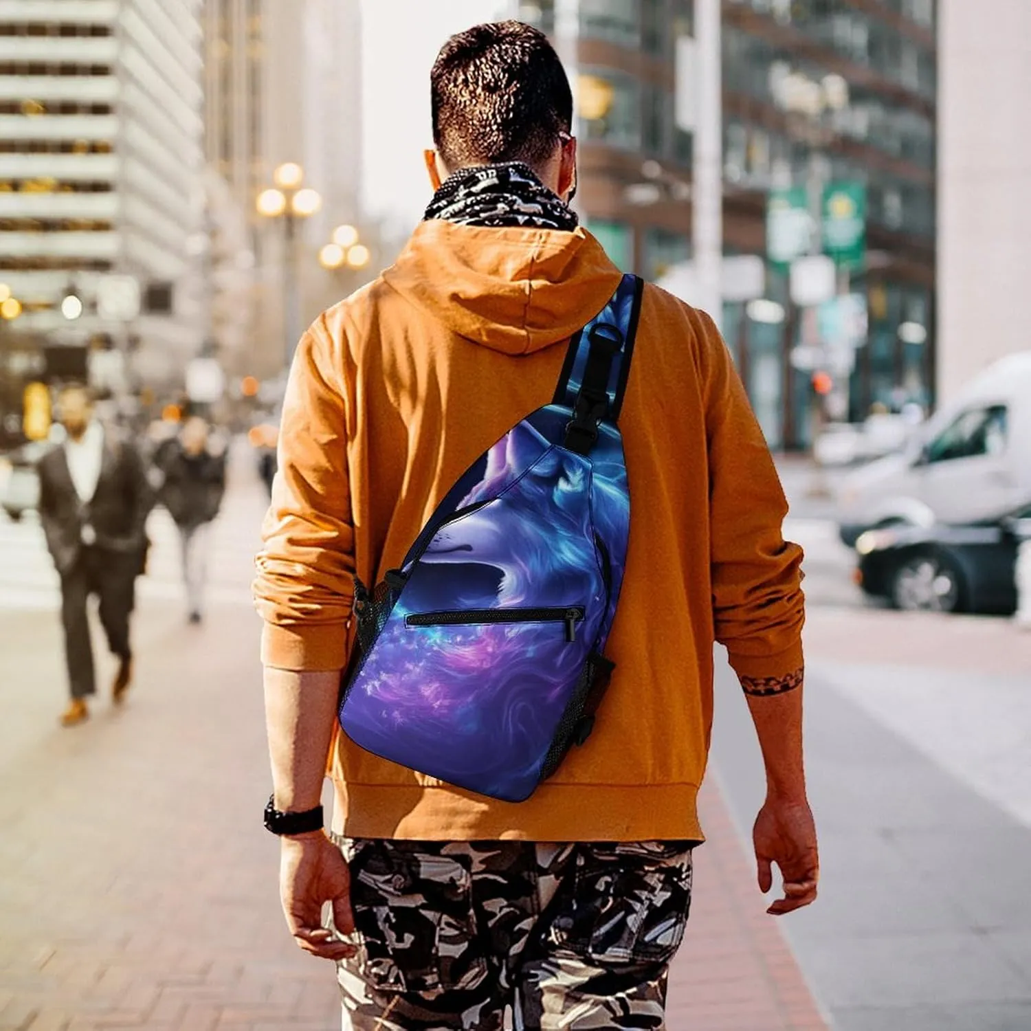 Men Women Casual Sling Bag, Trippy Magic Wolf Flowers Floral Crossbody Chest Bag, Large Capacity Shoulder Bag Adjustable Gym Hiking Daypack