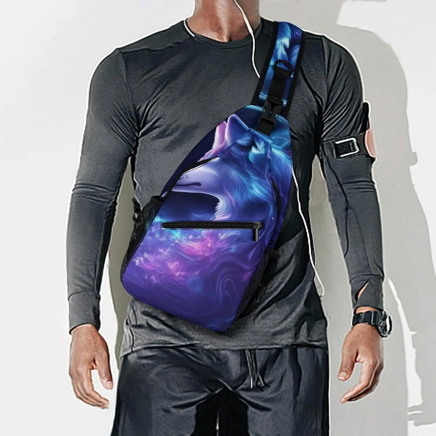 Men Women Casual Sling Bag, Trippy Magic Wolf Flowers Floral Crossbody Chest Bag, Large Capacity Shoulder Bag Adjustable Gym Hiking Daypack