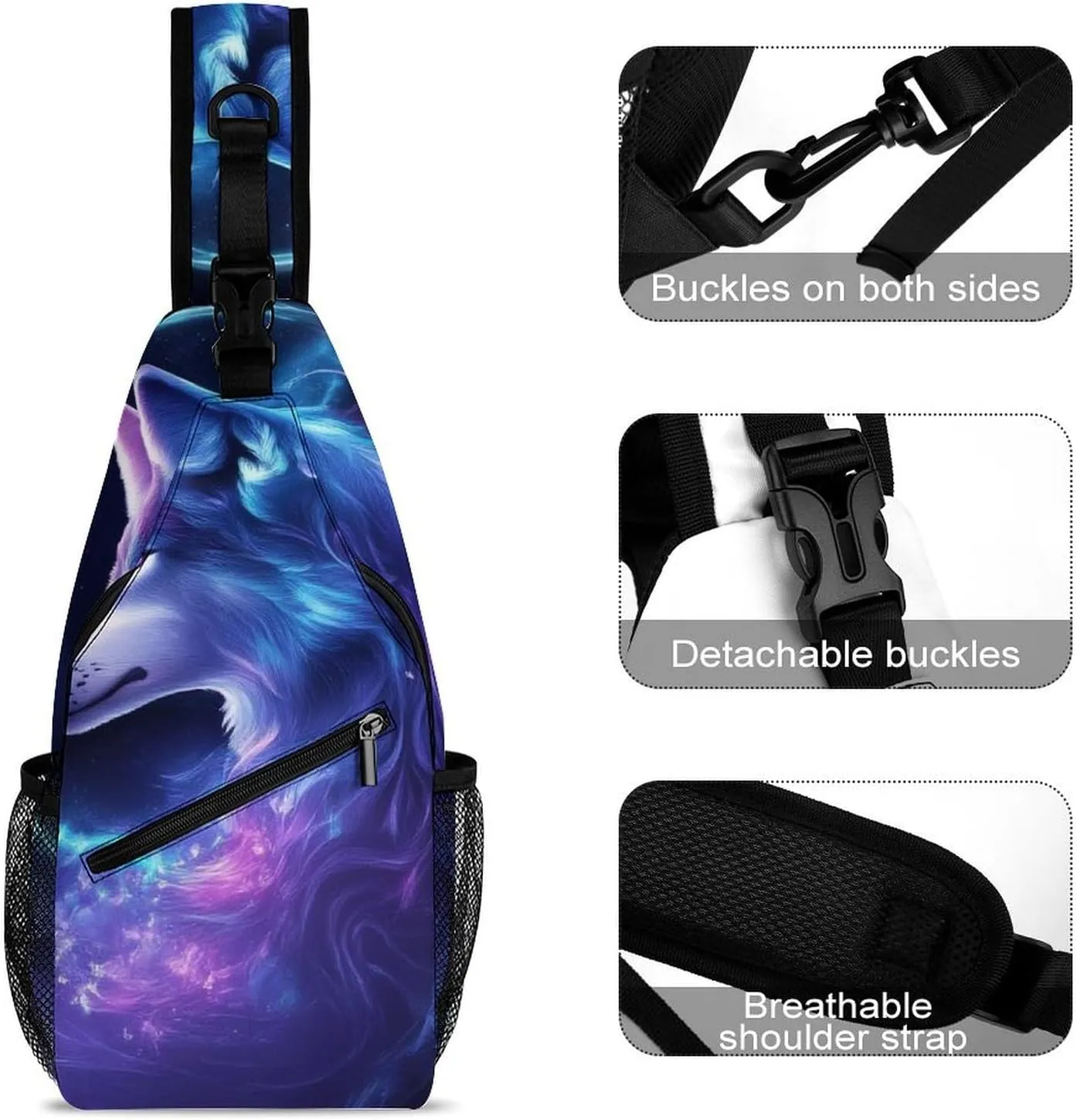 Men Women Casual Sling Bag, Trippy Magic Wolf Flowers Floral Crossbody Chest Bag, Large Capacity Shoulder Bag Adjustable Gym Hiking Daypack