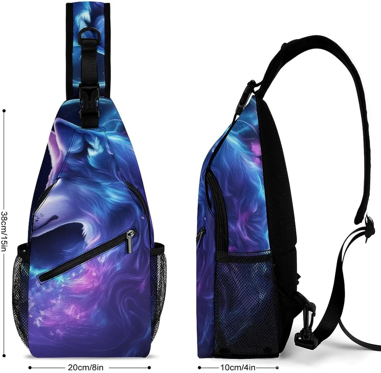 Men Women Casual Sling Bag, Trippy Magic Wolf Flowers Floral Crossbody Chest Bag, Large Capacity Shoulder Bag Adjustable Gym Hiking Daypack