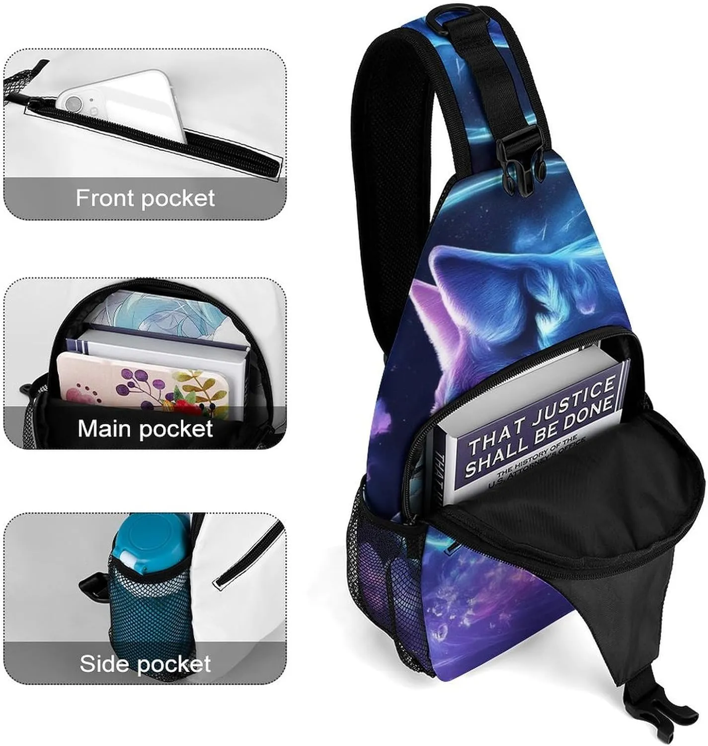 Men Women Casual Sling Bag, Trippy Magic Wolf Flowers Floral Crossbody Chest Bag, Large Capacity Shoulder Bag Adjustable Gym Hiking Daypack