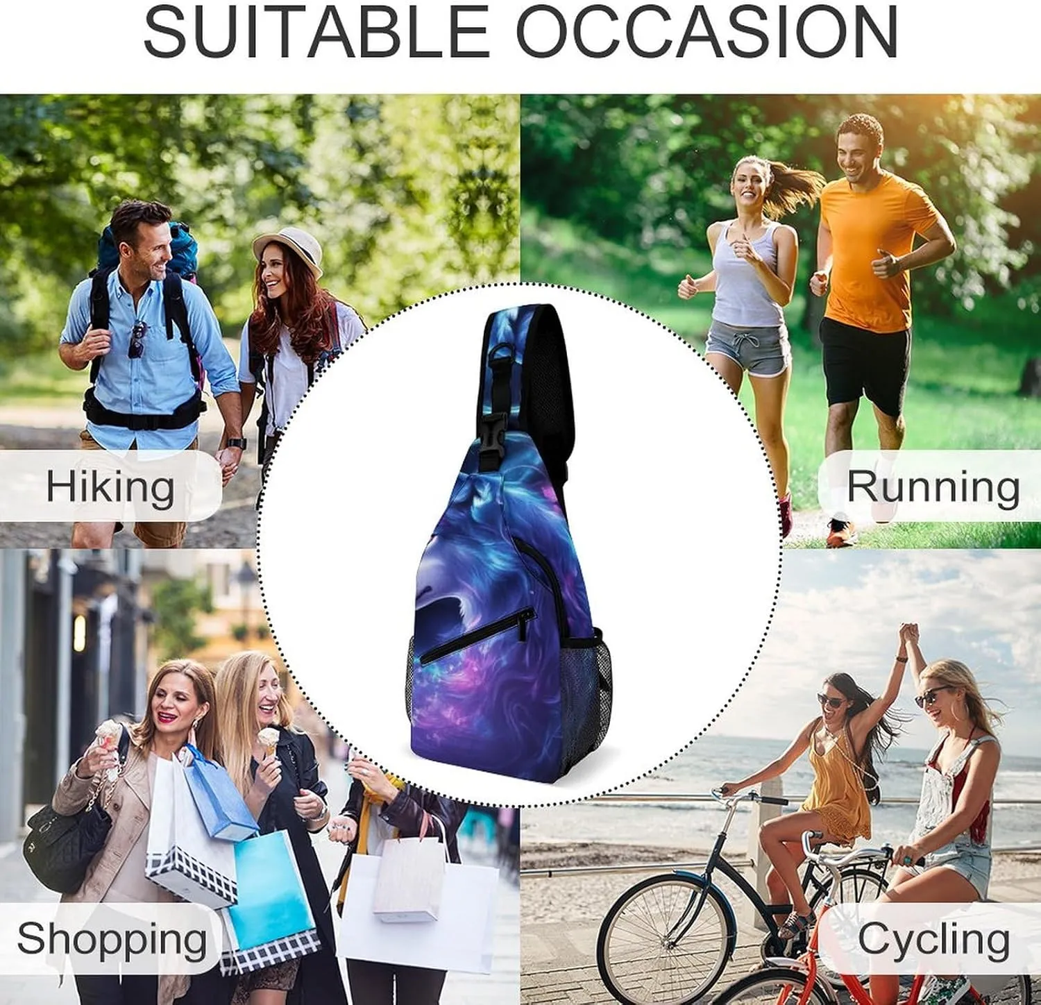 Men Women Casual Sling Bag, Trippy Magic Wolf Flowers Floral Crossbody Chest Bag, Large Capacity Shoulder Bag Adjustable Gym Hiking Daypack