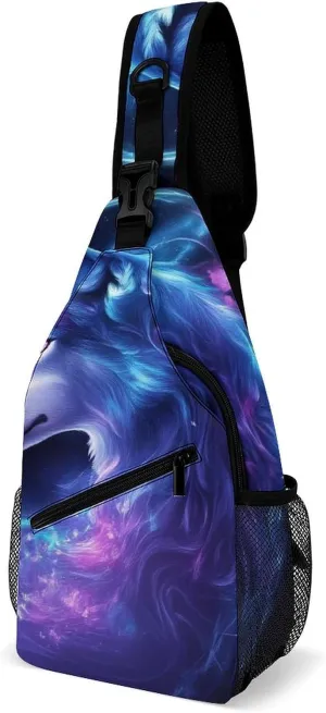 Men Women Casual Sling Bag, Trippy Magic Wolf Flowers Floral Crossbody Chest Bag, Large Capacity Shoulder Bag Adjustable Gym Hiking Daypack