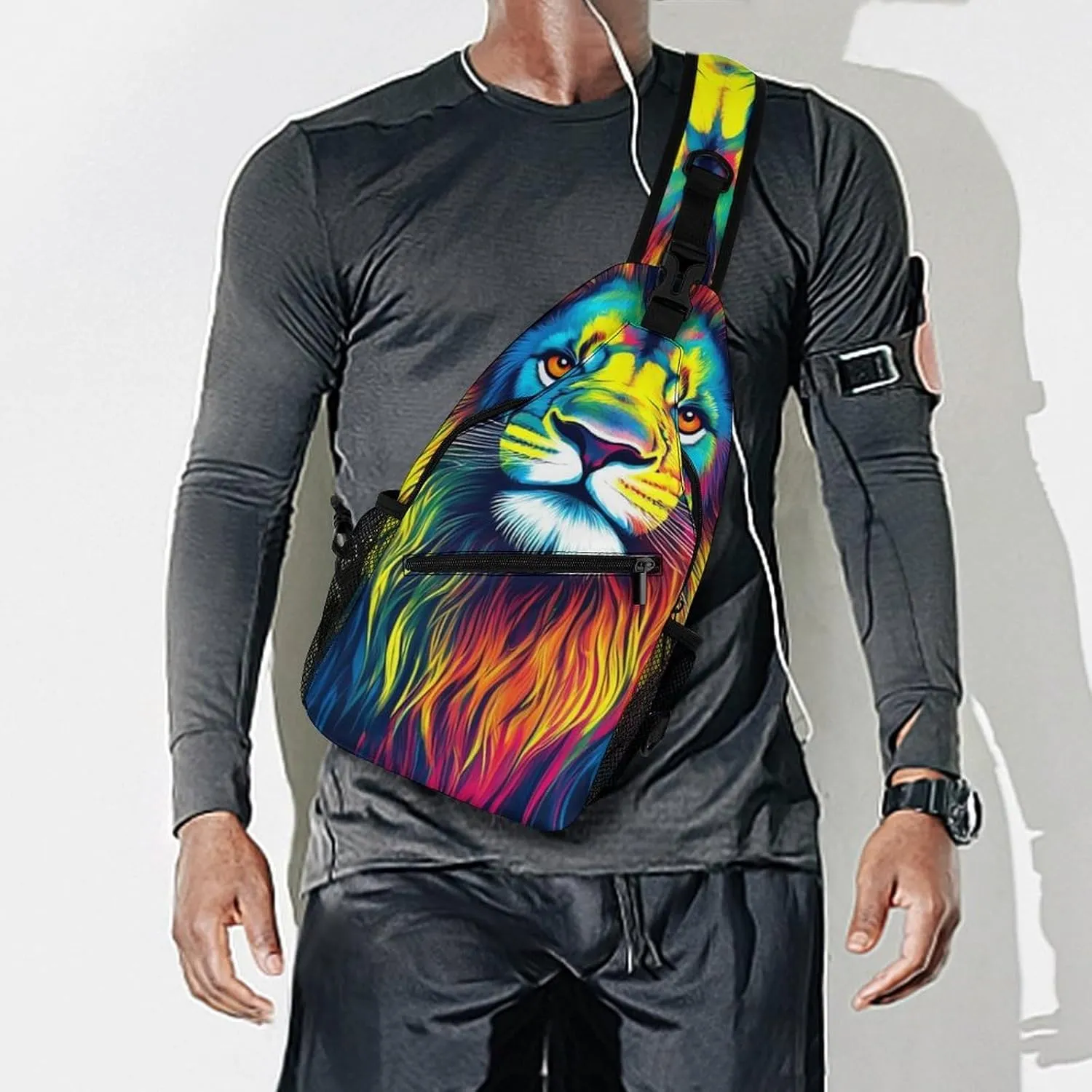 Men Women Crossbody Sling Bag Casual Chest Bag with Adjustable Shoulder Strap Watercolor Lion Painting Art Large Capacity Hiking Gym Daypack