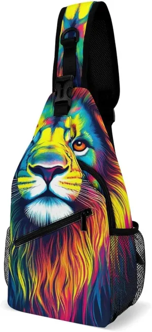 Men Women Crossbody Sling Bag Casual Chest Bag with Adjustable Shoulder Strap Watercolor Lion Painting Art Large Capacity Hiking Gym Daypack