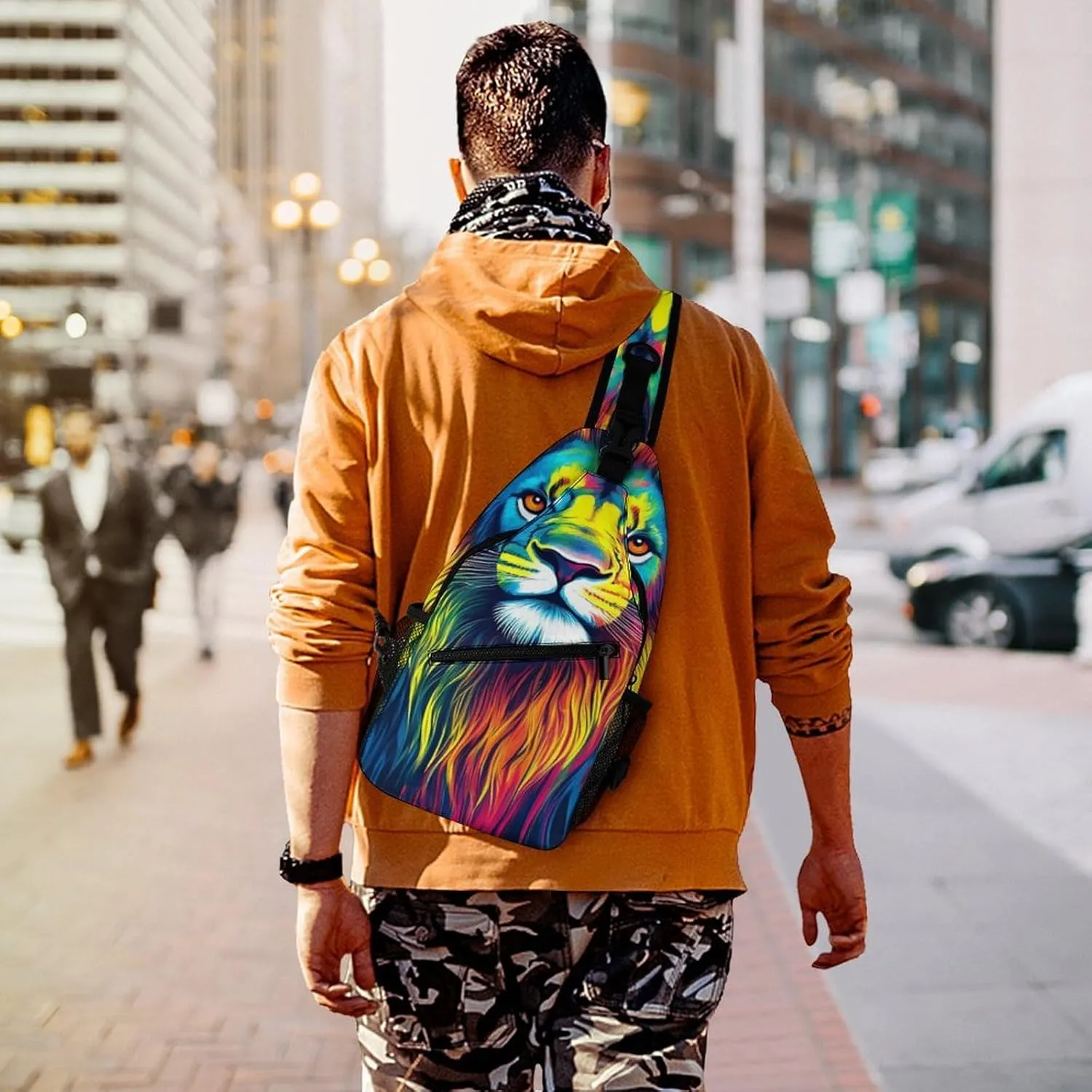 Men Women Crossbody Sling Bag Casual Chest Bag with Adjustable Shoulder Strap Watercolor Lion Painting Art Large Capacity Hiking Gym Daypack